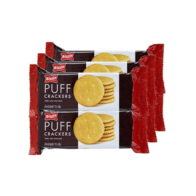 BISSIN Puff Crackers Packets 70g, dry grocery snack with crispy puffed crackers in a colorful packet.