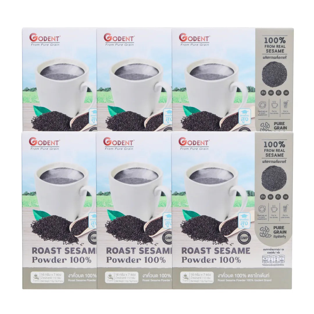 Godent Golden 100% ground roasted black sesame in 112g box, dry grocery product with glossy black sesame seeds visible in the image.