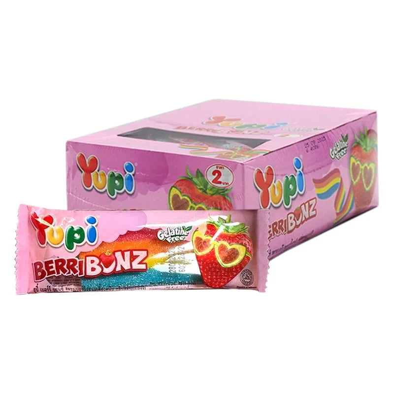 YUPI Yupi Gummy Berry Bonz, 7g pack of fruity gummy candies, displayed in clear packaging with colorful berry shapes.