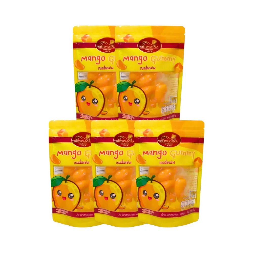 Sriwanna Mango Jelly packets, 100g each, in a pack of five, featuring bright packaging and mango imagery.