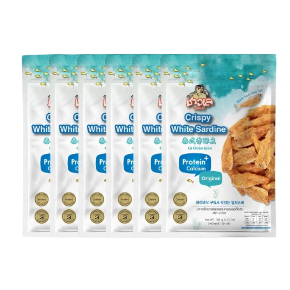 Chaolay Crispy White Sardine snack package, 6 x 100g, featuring white sardine flavored confectionery snacks in individual packs