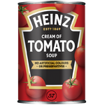 Heinz Cream of Tomato Soup in a bowl with a spoon, showcasing smooth, creamy tomato soup served in a white dish.