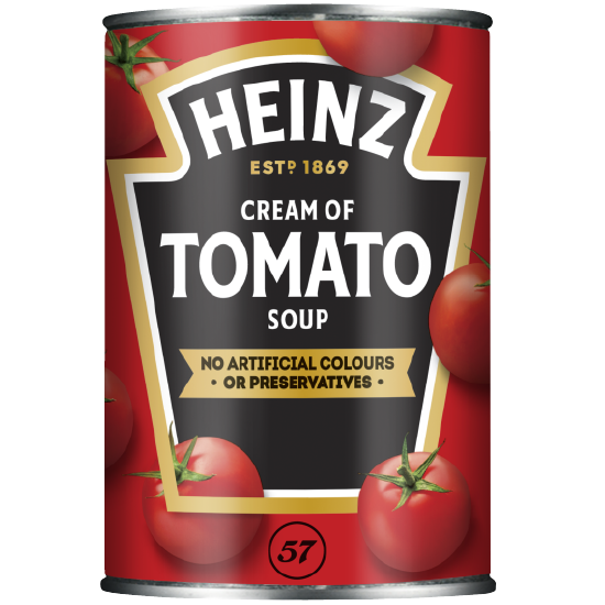 Heinz Cream of Tomato Soup in a bowl with a spoon, showcasing smooth, creamy tomato soup served in a white dish.