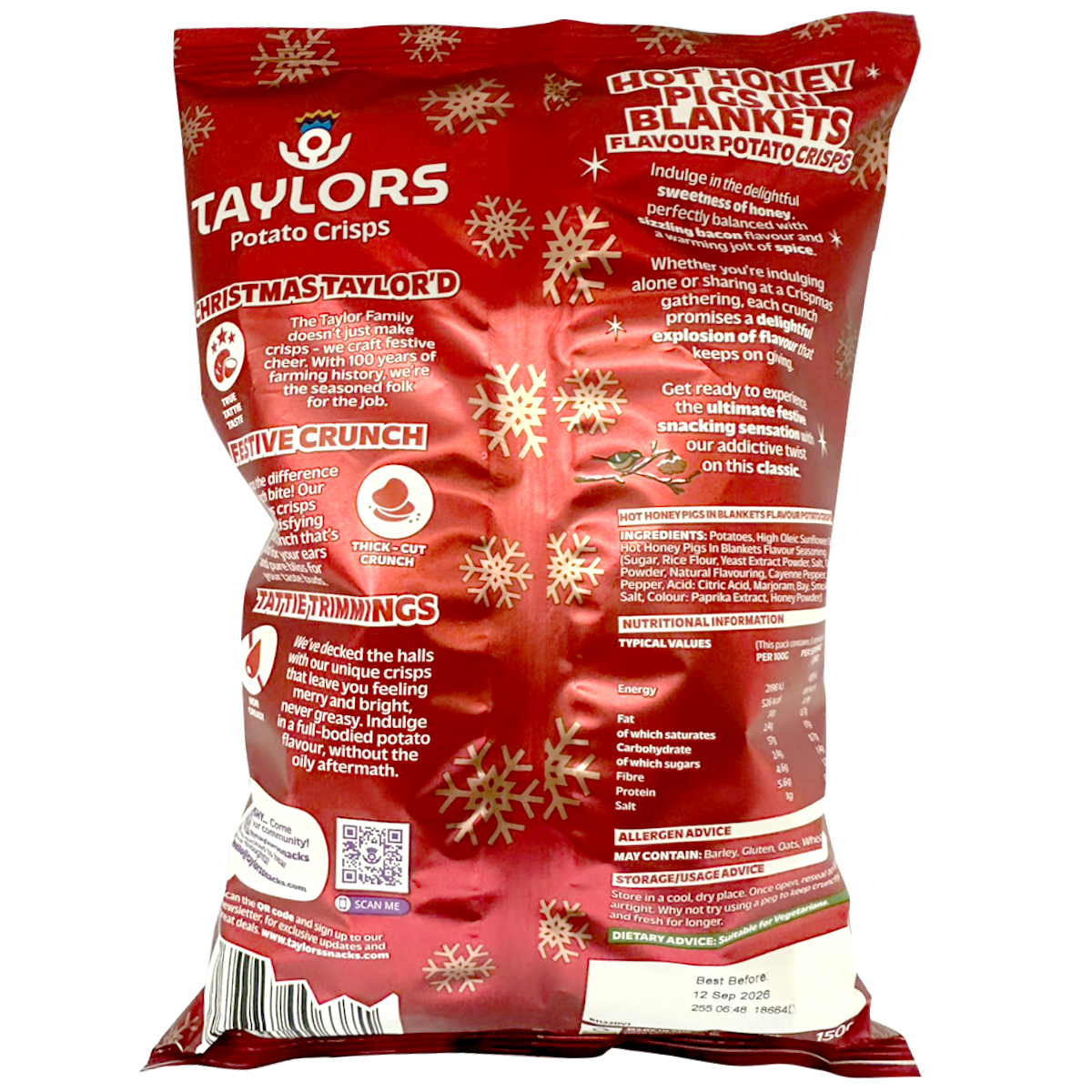 Taylors Hot Honey Pigs in Blankets Crisps, savory confectionery snack with crispy pig in blanket flavor and a hint of honey.