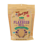Organic golden flaxseed meal from Bob's Red Mill in a resealable bag, showing golden flax seeds and product packaging.