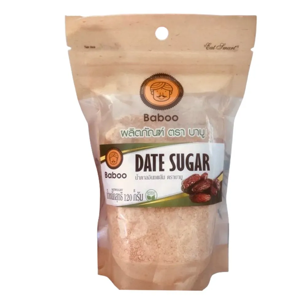Close-up of Baboo Date Sugar in a jar, showcasing its granular texture and rich brown color for natural sweetening.