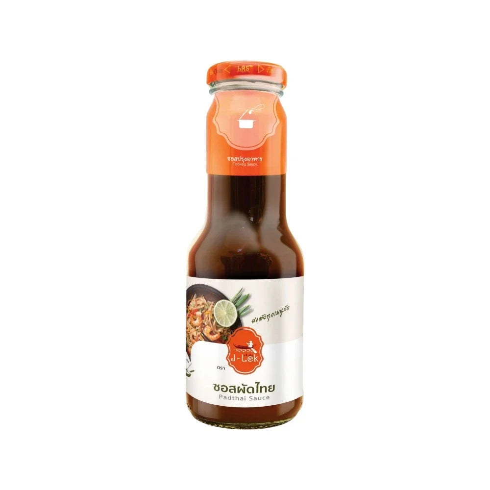 J-LEK Jae Lek Pad Thai Sauce in a 360g glass bottle, ideal for authentic Thai cooking and dry grocery use.