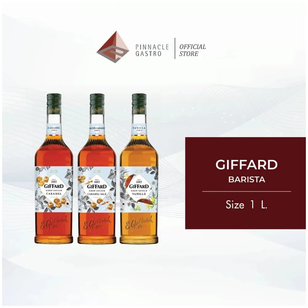 Giffard Barista Caramel 1L bottle of caramel syrup for coffee and dessert recipes, in a clear plastic container with a label.