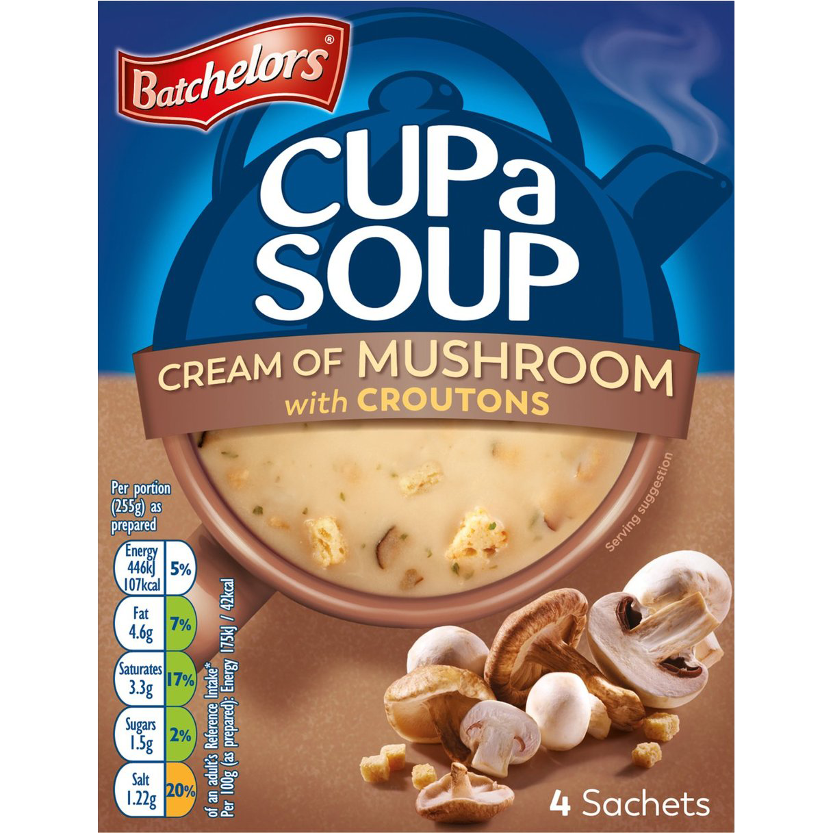 Cup A Soup Cream of Mushroom by Batchelors, a packaged instant soup with a creamy mushroom flavor in a white cup.