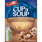 Cup A Soup Cream of Mushroom by Batchelors, a packaged instant soup with a creamy mushroom flavor in a white cup.