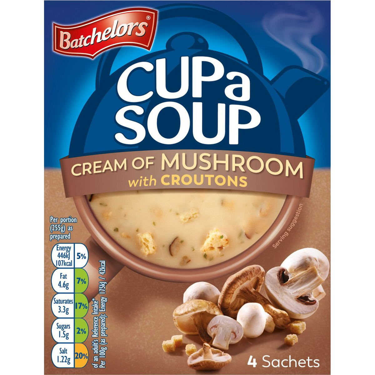 Cup A Soup Cream of Mushroom by Batchelors, a packaged instant soup with a creamy mushroom flavor in a white cup.