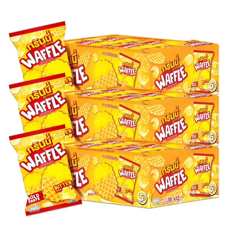Grinny Waffle Crisp Butter Milk flavor snack packets, 18g x3, dry grocery snack with crispy waffle texture and buttery milk flavor.