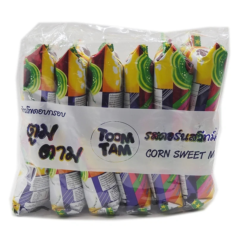 Toomtam Corn Extruded Snack Sweet Milk 23g, a colorful package of TOOMTAM snack confections with corn snacks in bright packaging.