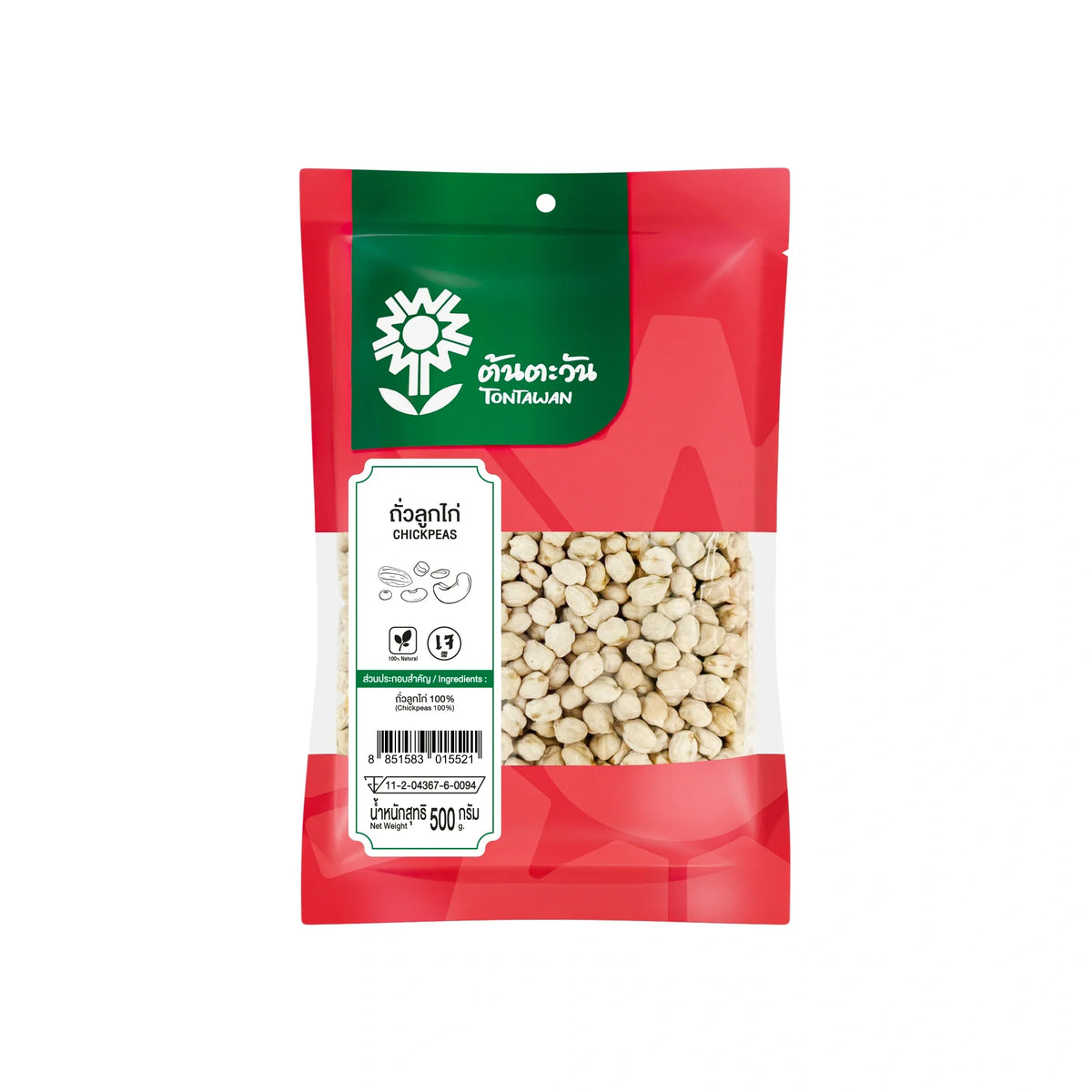Tontawan Grade Clean Chickpeas in 500g package, dry grocery product, showing a bowl of cooked chickpeas and dry legumes.