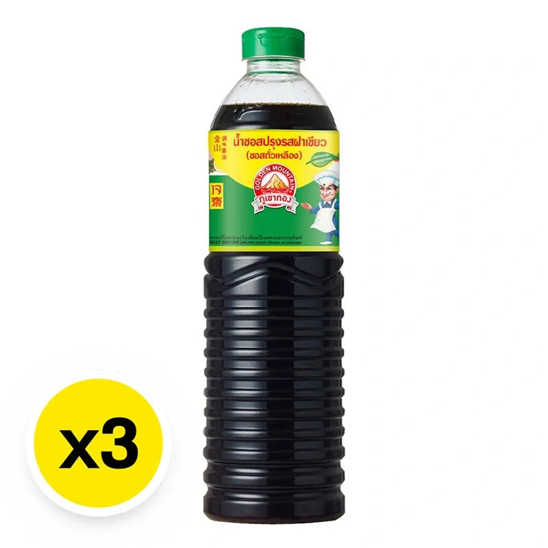 Golden Mountain Seasoning Sauce with green cap in 1L bottles, three-pack, ideal for enhancing Asian dishes.