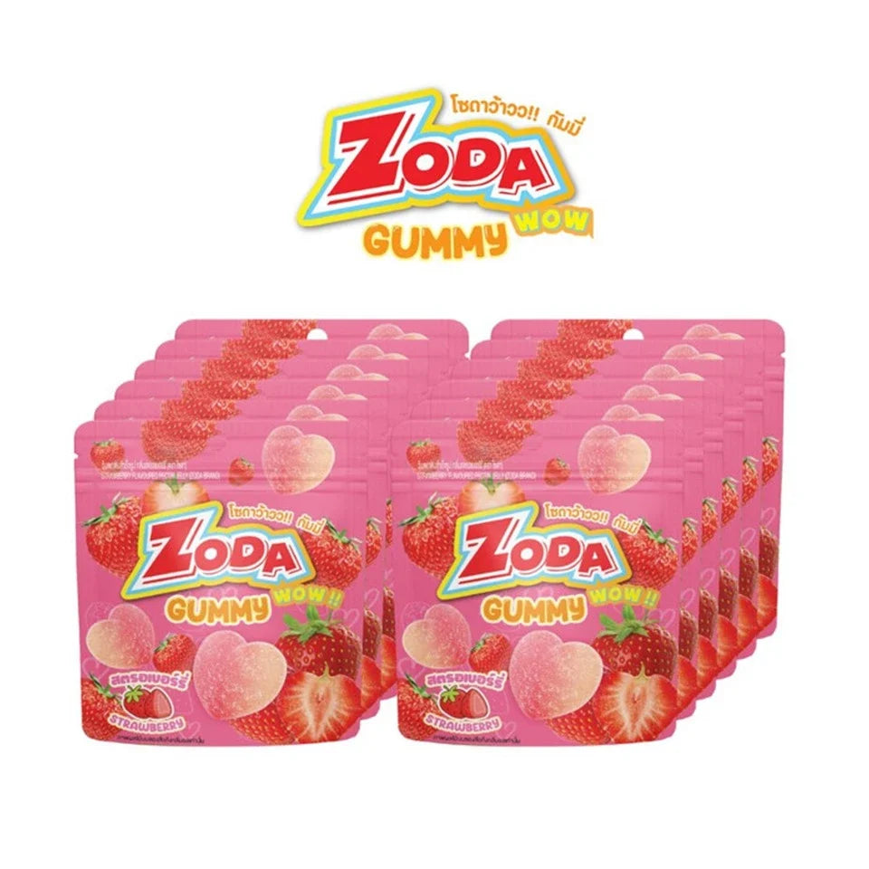 Zoda Wow Gummy Strawberry flavor snacks in 12 packs of 45g, colorful gummy candies with strawberry taste.
