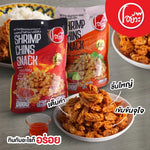 O-YUA Crispy Fried Shrimp Chins snack in Tom Yum flavor, showing crunchy shrimp chips in a transparent package.