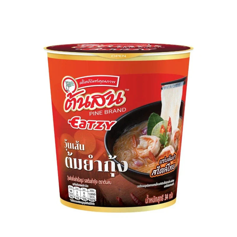 Tonson Eatsy Tom Yum Kung flavor instant vermicelli in 34g dry grocery pack, showing the packaged noodles with flavoring packet.
