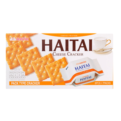 Haitai Cheese Crackers in a colorful snack package, showcasing crispy, cheese-flavored confectionery crackers.