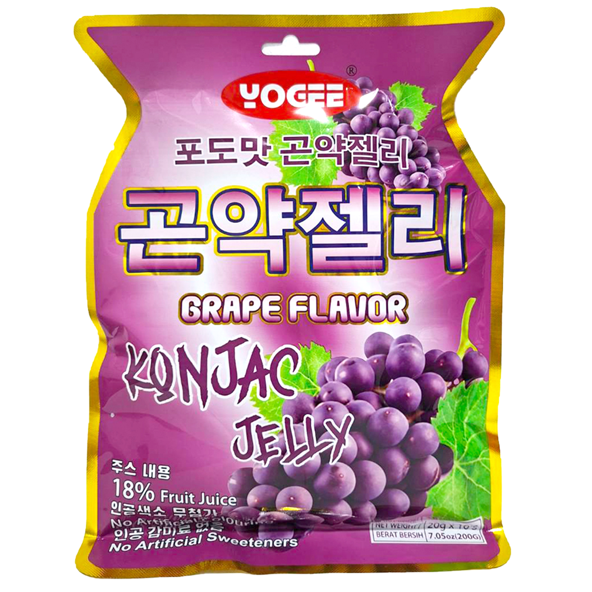 Yogee Grape Flavour Konjac Jelly, a colorful confectionery snack with purple grape flavor, in a clear container.