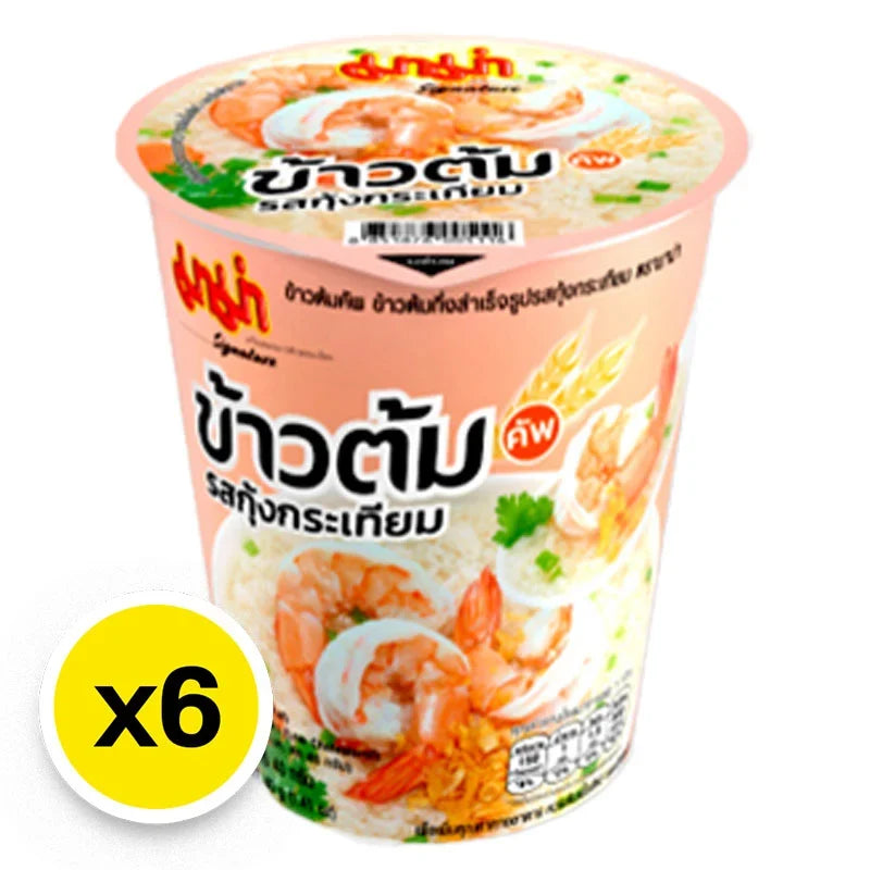Mama Rice Soup with Shrimp and Garlic, 40g x6 packs, dry grocery product showing the packaged soup mixture and ingredients.