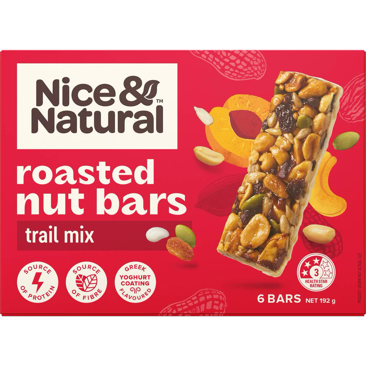 Nice & Natural Roasted Nut Bars Trail Mix with Yoghurt, featuring crunchy nuts and creamy yoghurt coating in a grocery product image.