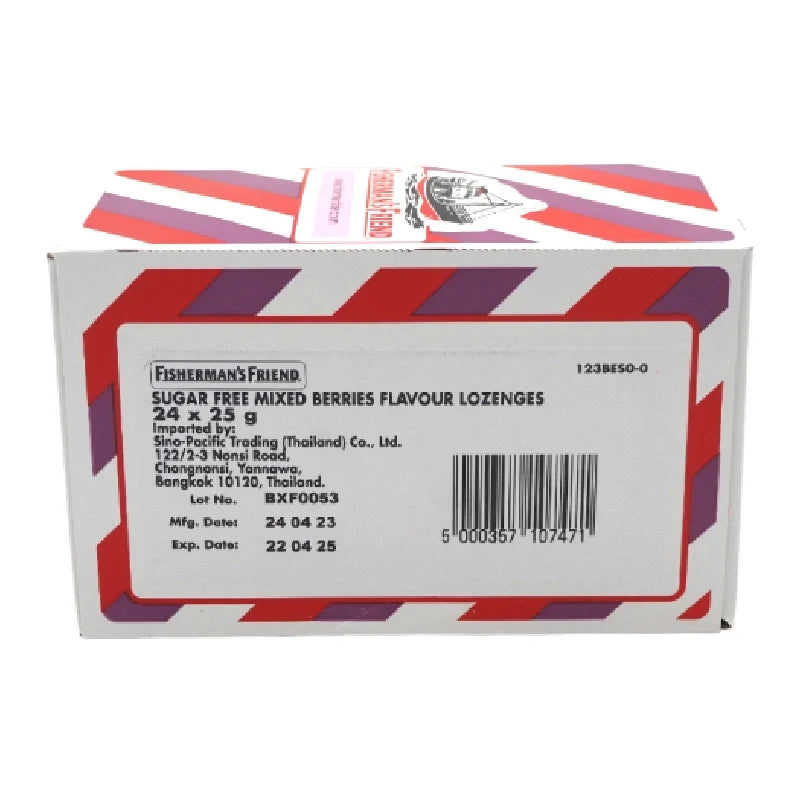 Fisherman's Friend Sugar-Free Lozenges in Mixed Berry flavor, showing the small, colorful lozenges in a clear package.