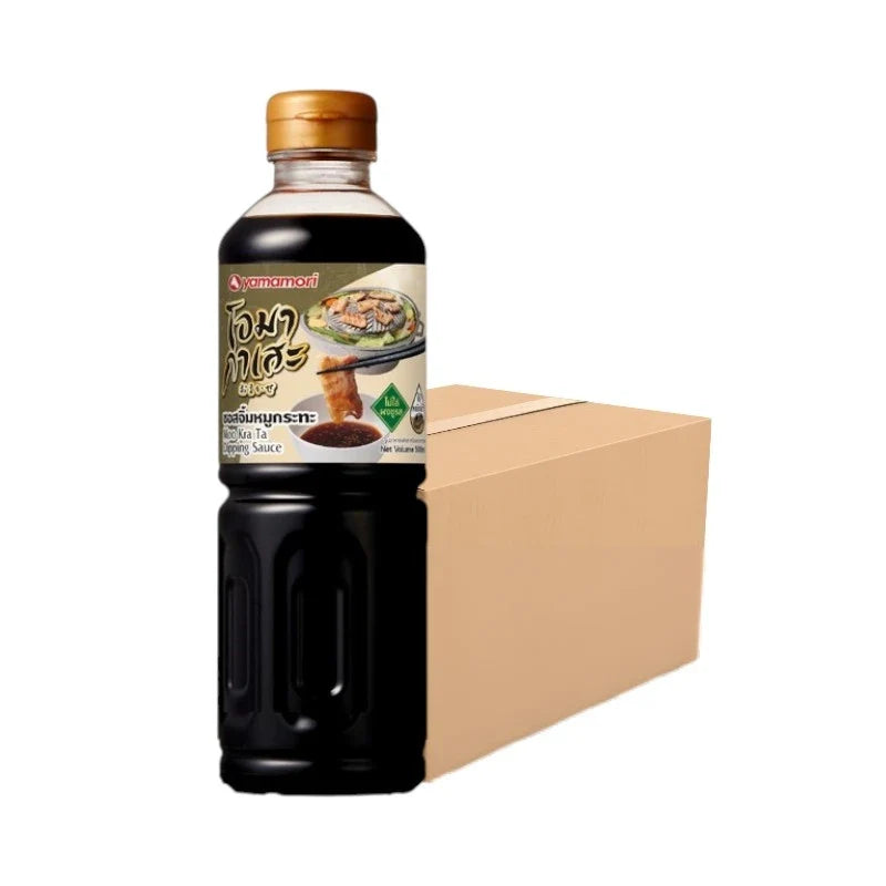 Omakase Moo Kra Ta dipping sauce bottle, 500ml, displayed with multiple bottles in a grocery setting, ideal for Asian cuisine.