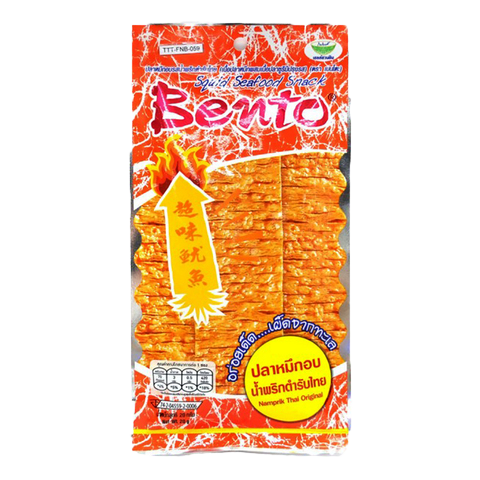 Bento Squid Snack Namprik Thai Ori, Thai confectionery snack with crispy squid pieces in a flavorful seasoning.