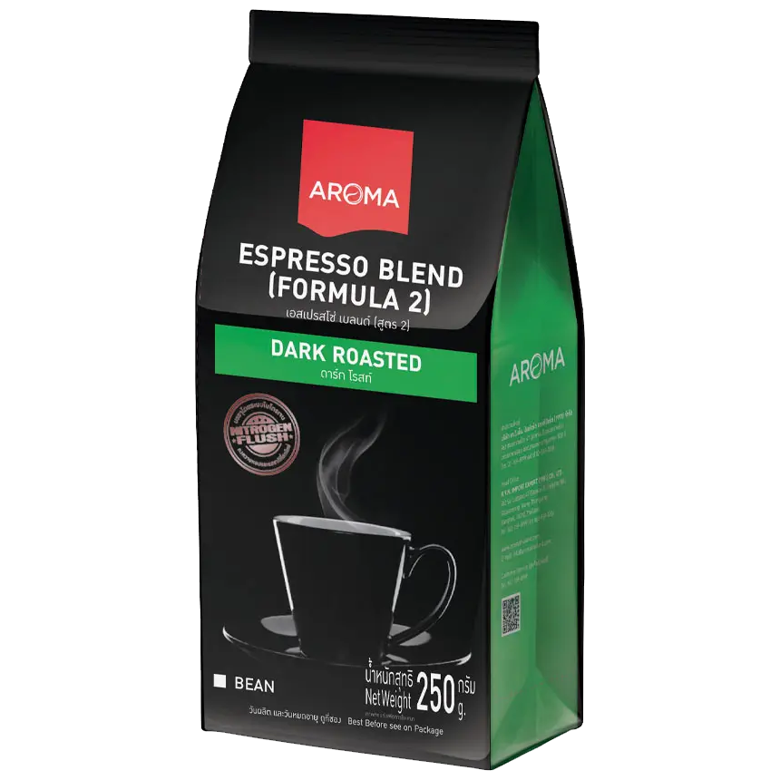 Aroma Espresso drink in a glass, showing rich coffee color and frothy top, branded Aroma, ready to enjoy.