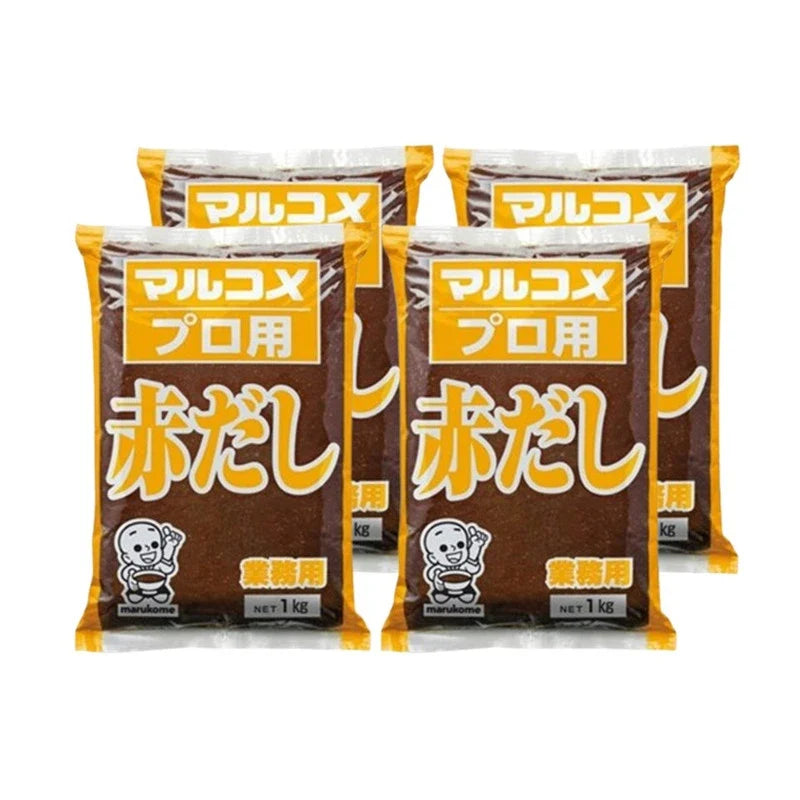 Marukome gluten-free Akadashi miso paste in a 1kg bag, shown in four packs, ideal for vegetarian dry grocery cooking.