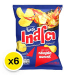 Tasto Potato Rock Chips Crab Curry Flavor 42g snack pack, crispy potato chips in crab curry seasoning, six packs in the image.