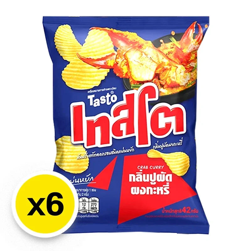 Tasto Potato Rock Chips Crab Curry Flavor 42g snack pack, crispy potato chips in crab curry seasoning, six packs in the image.