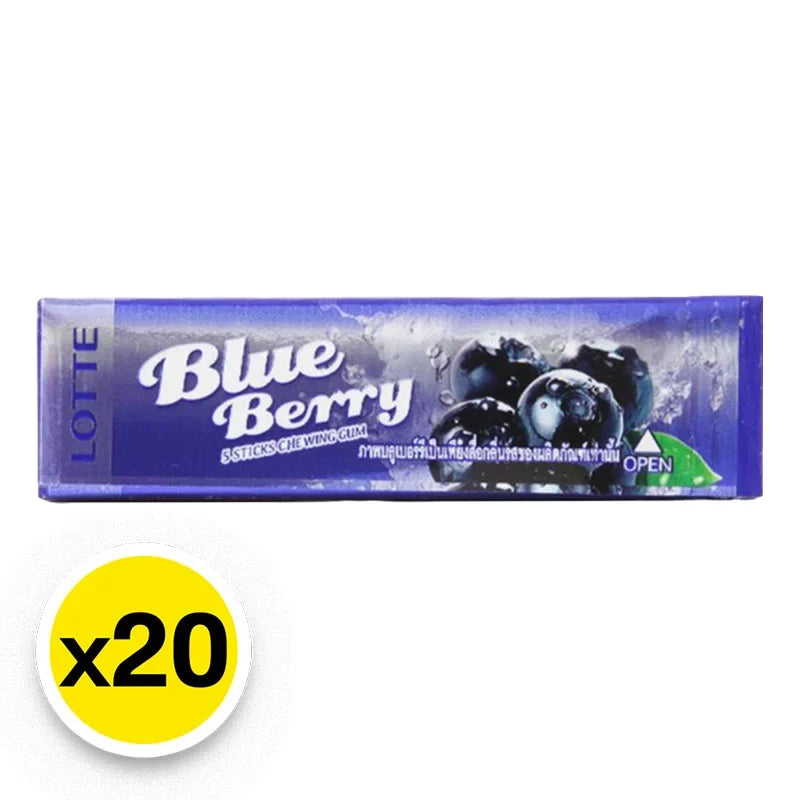 Lotte Blueberry Stick Gum 13.5g pack, individual blueberry-flavored chewing gum sticks in a colorful wrapper.
