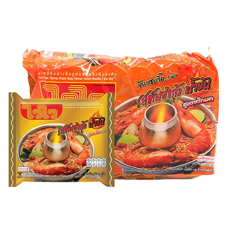 WAIWAI Instant Noodles Tomyum Kung flavor, dry grocery, 60g x10 pack, featuring spicy Thai-style noodle packaging.