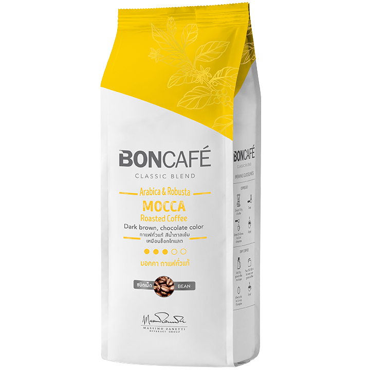 Boncafe Mocca coffee beans in a jar, ready for brewing, showcasing the rich, aromatic coffee beans from the Boncafe brand.