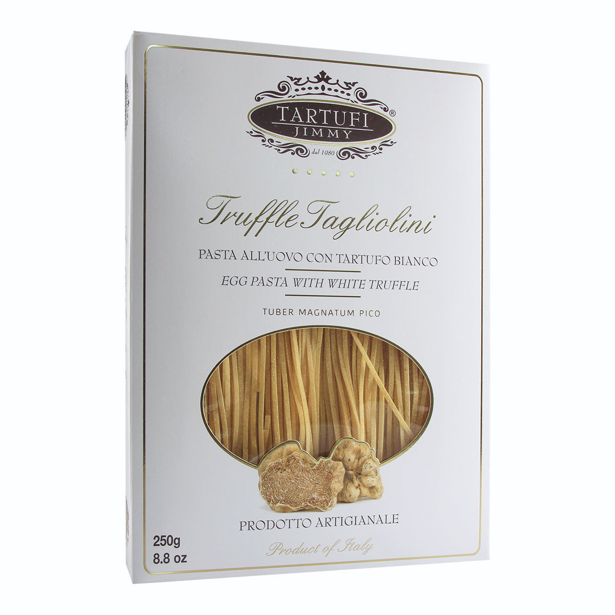 White truffle tagliolini pasta by Tartufi, showcasing thin, fresh pasta strands infused with white truffle flavor.
