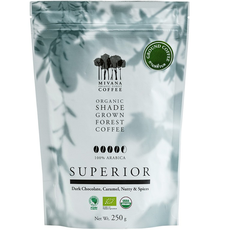 Mivana roasted and ground superior drink product packaging with label, showcasing the Mivana brand and roasted coffee grounds.