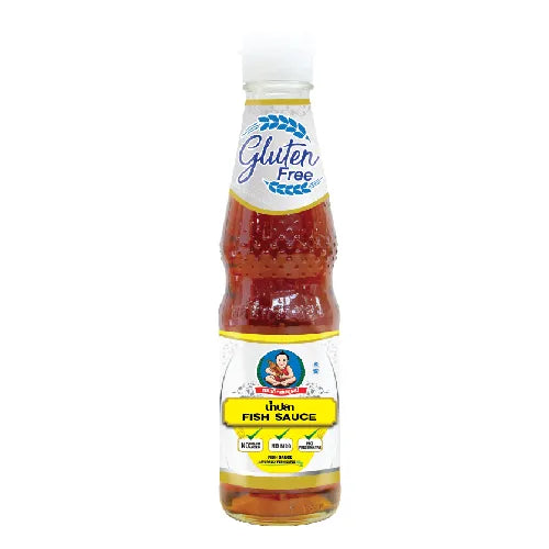 Deksomboon Fish Sauce gluten-free 300ml bottle, traditional Thai dry grocery condiment, with clear label and dark liquid inside.