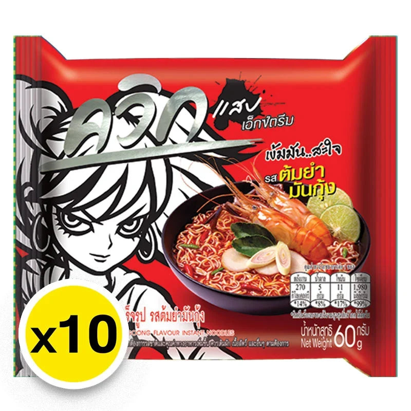 Quick Tom Yum Mun Goong instant noodles in 60g packs, featuring spicy shrimp flavor and dry grocery packaging.