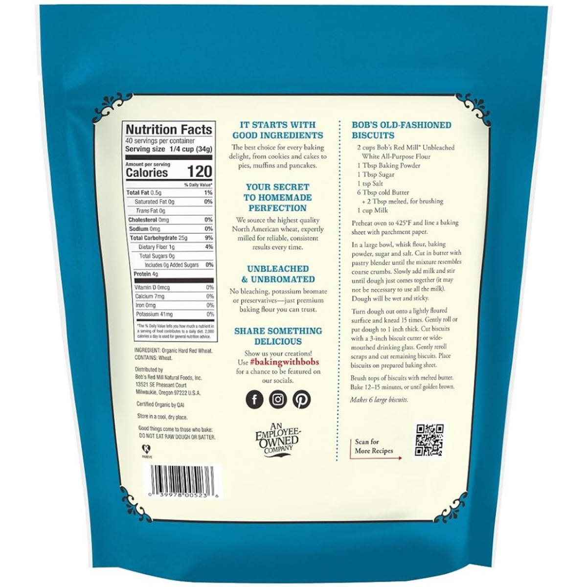 Organic All Purpose Flour from Bob's Red Mill's, shown in a bag with a scoop on a wooden surface.