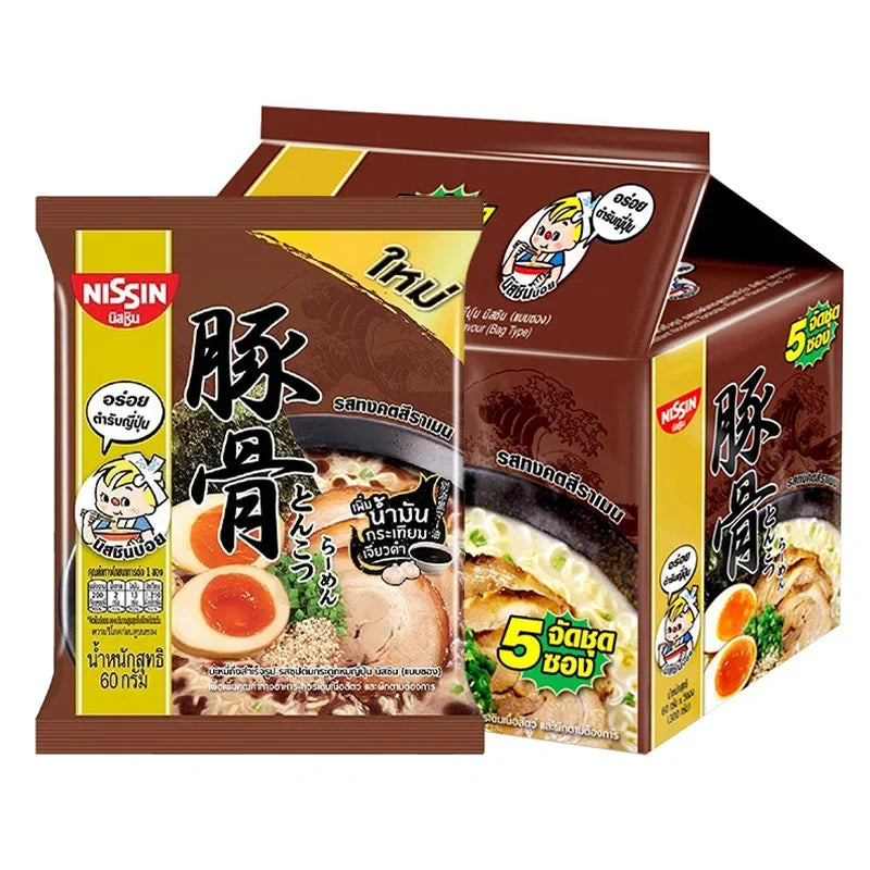 Nissin Premium Bag Tonkotsu Ramen 60g packs, dry grocery, featuring five individual ramen noodle bags with rich tonkotsu flavor