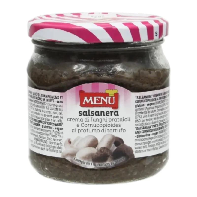 Close-up of Menu Salsanera Trifolati dry grocery jar with label, showcasing the seasoning's texture and packaging.
