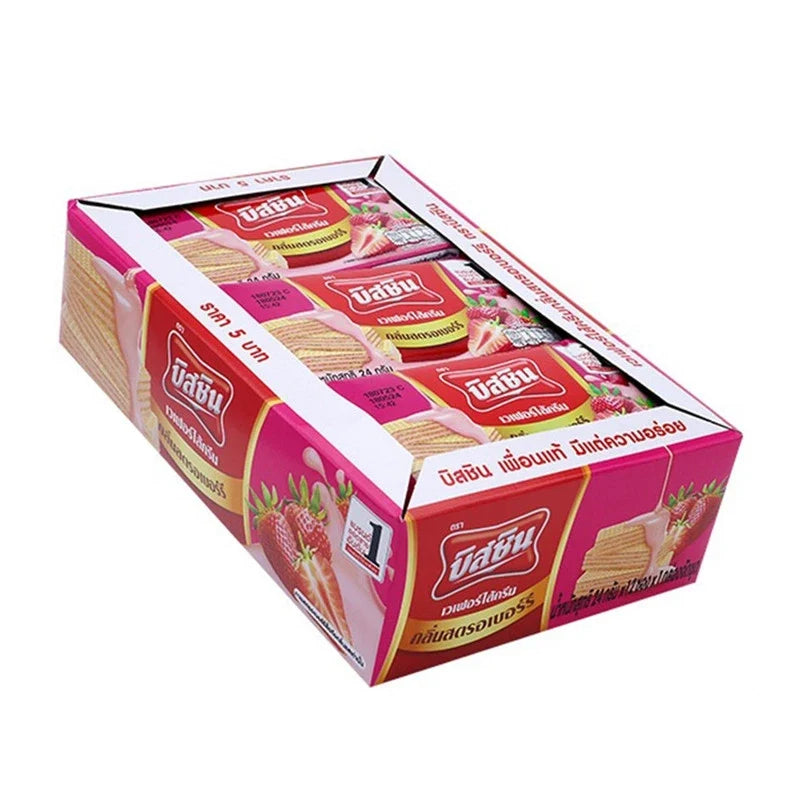 BISSIN Strawberry Wafers Sachets 24g, dry grocery snack with crispy wafer layers and strawberry flavor, in individual sachets