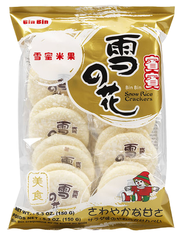 Bin Bin Snow Rice Cracker, a crispy confectionery snack with a snow-white appearance and traditional rice cracker texture.