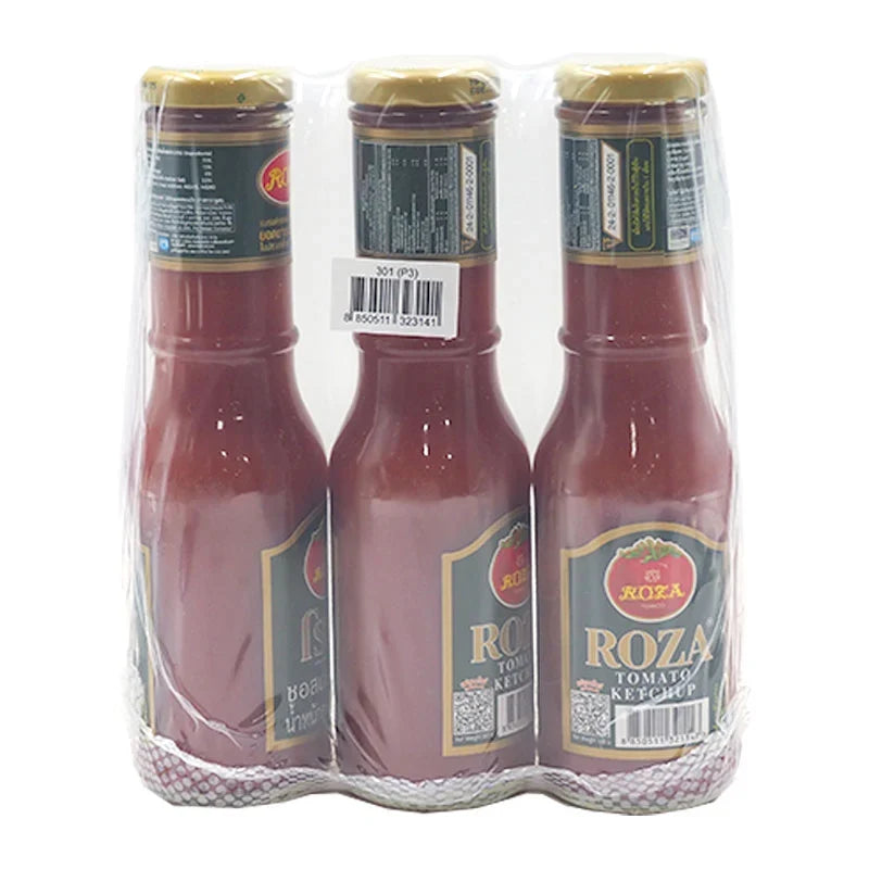Roza Tomato Ketchup 300g bottles, three-pack, featuring bright red ketchup with tomato imagery on the label.