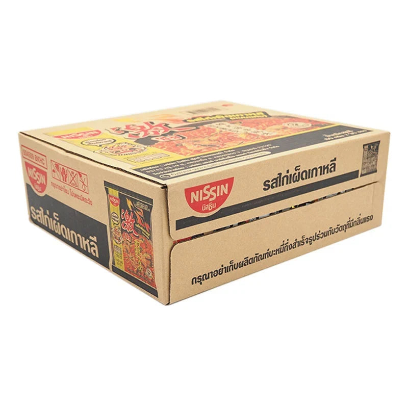 NISSIN Premium Bag Korean Hot Chili Chicken dry grocery snack, 60g pack, showing spicy chicken flavor and vibrant packaging.