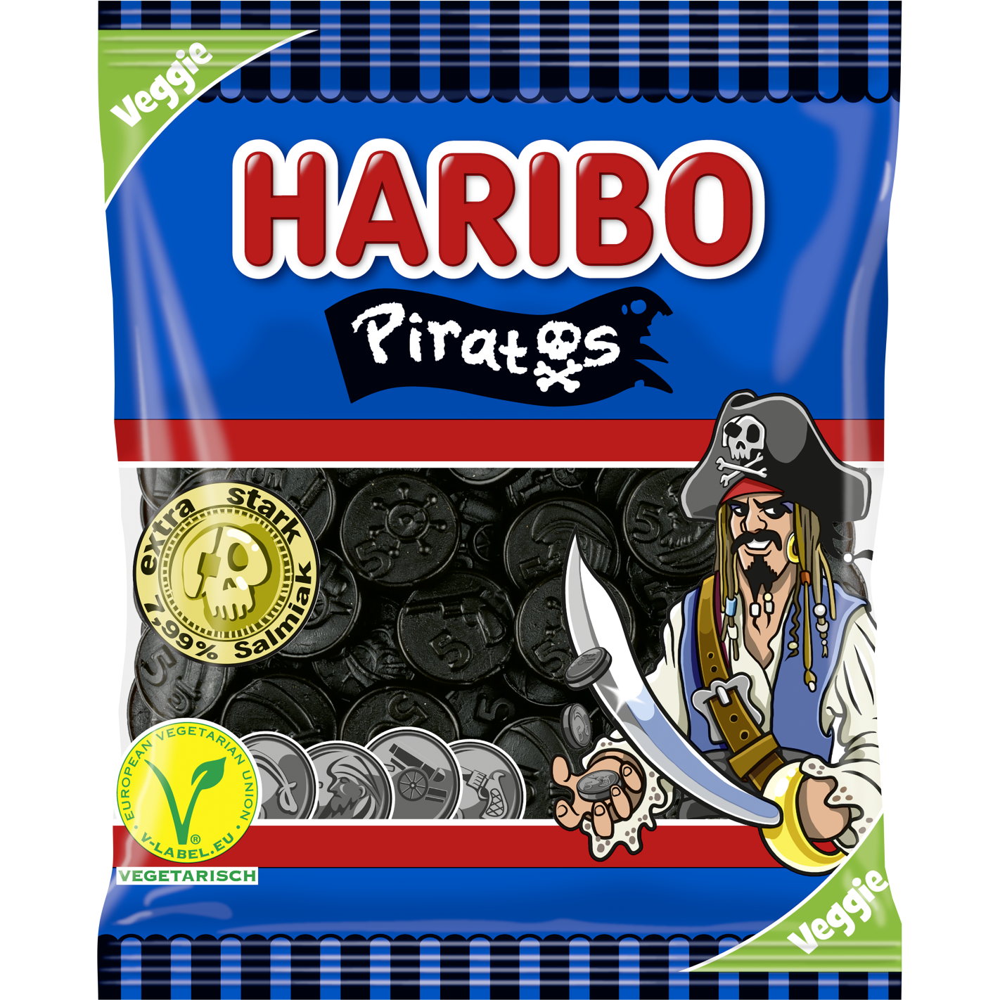 Haribo Piratos confectionery snacks featuring black licorice candies in a clear bag with colorful branding.