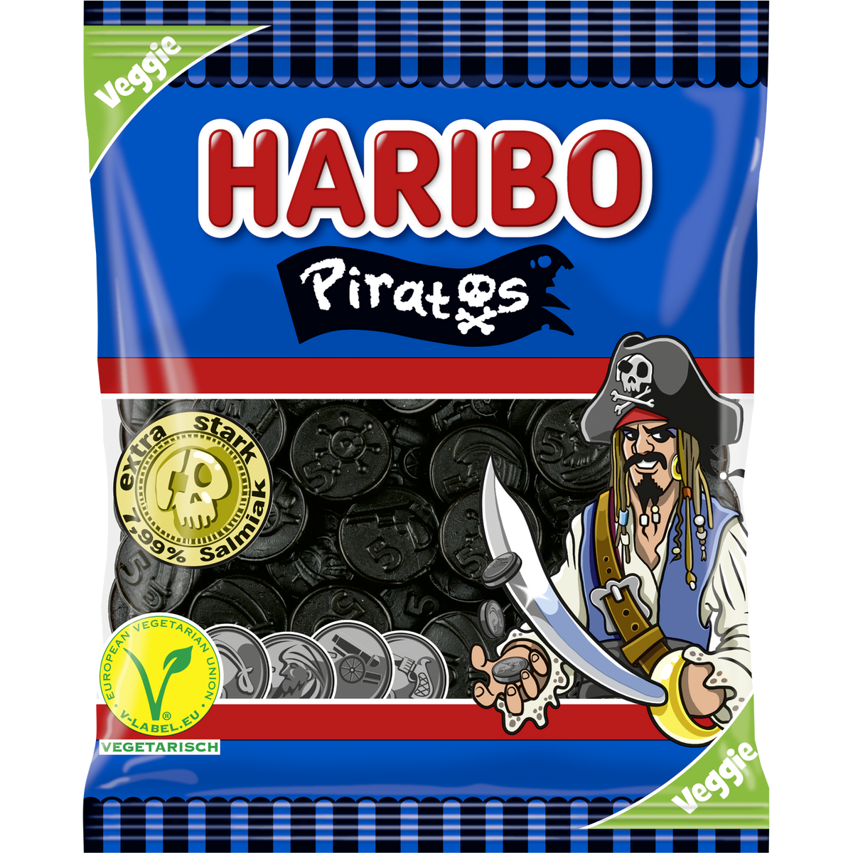 Haribo Piratos confectionery snacks featuring black licorice candies in a clear bag with colorful branding.