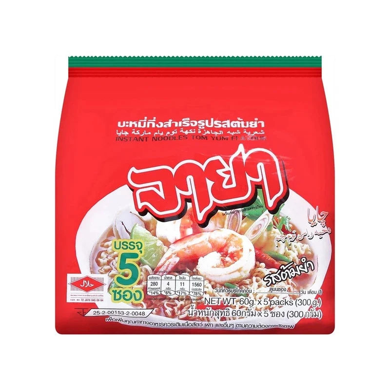 JAYA Tom Yum flavor noodle packet, dry grocery, 60g, with vibrant packaging and images of noodles and herbs on the front.